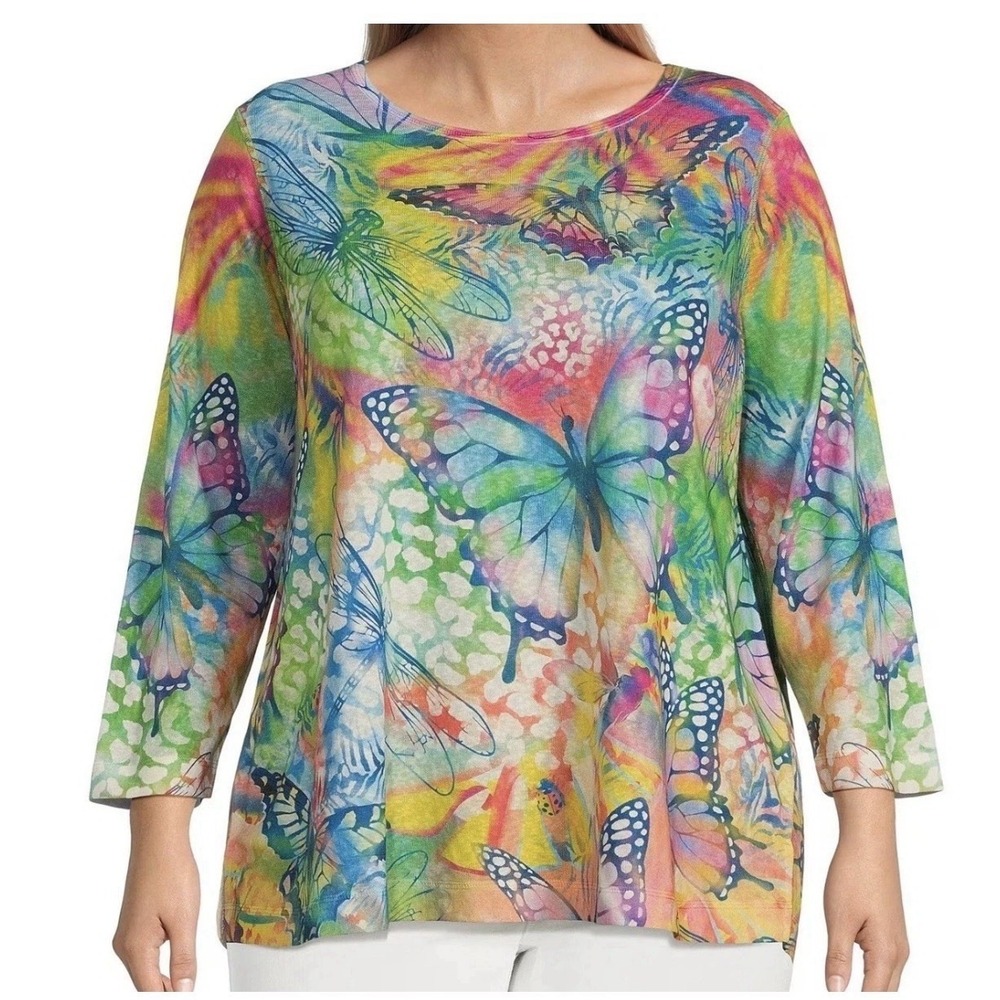 Ali Miles Butterfly Dragonfly Print Large Petite Rainbow Tunic Shirt Top #DD7-1